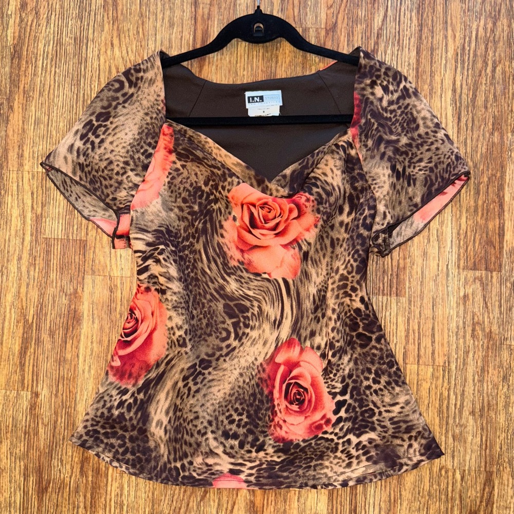 I.N. Studio Vintage Y2K Top Leopard Rose Mesh Brown Sheer Floral Tee Medium